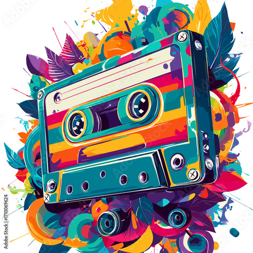 A vibrant and artistic depiction of a classic 80s audio cassette, broken into pieces with colorful graffiti-style artwork splattered across its surface. The cassette features bold neon pink, yellow, a