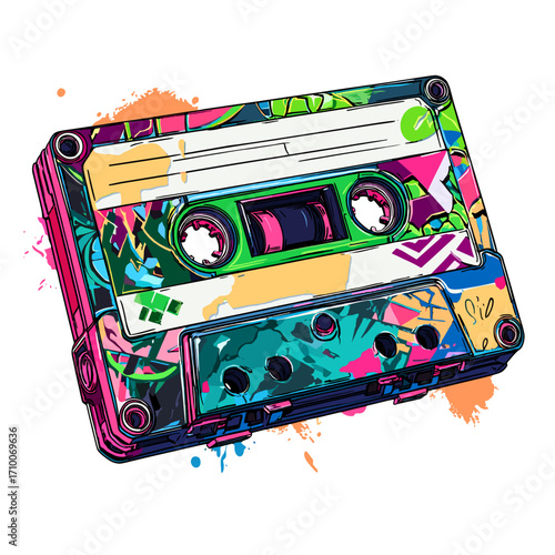 A vibrant and artistic depiction of a classic 80s audio cassette, broken into pieces with colorful graffiti-style artwork splattered across its surface. The cassette features bold neon pink, yellow, a