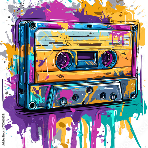 A vibrant and artistic depiction of a classic 80s audio cassette, broken into pieces with colorful graffiti-style artwork splattered across its surface. The cassette features bold neon pink, yellow, a