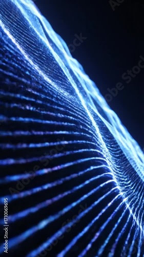 Abstract Blue Digital Waveform Flowing Through Dark Space.