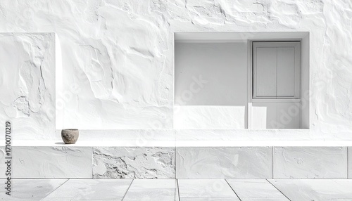 Minimalist Architecture with White Stone Texture and Geometric Shapes in Bright Sunlight Abstract Wall Design in Monochrome Aesthetic