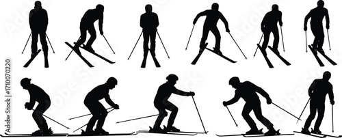 Skier silhouette illustrations, winter sports icons, black and white clipart, dynamic poses, snow activity bundle set, vector pack