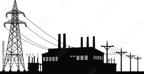 Power plant silhouette, energy facility, electrical transmission, fossil fuel generation, industrial infrastructure, utility connection, smokestacks, transformer unit, power grid, high voltage