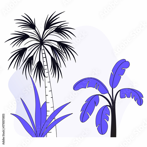 Stylized tropical plants with palm and banana trees