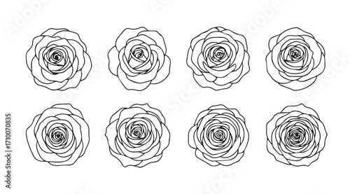 Eight abstract rose flower head silhouettes in a grid pattern