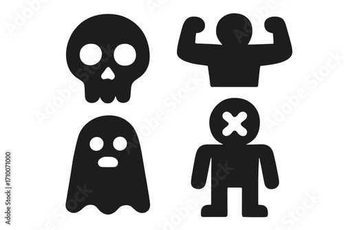 Halloween decoration shapes including skull, ghost, muscular figure, and zombie outline for festive displays