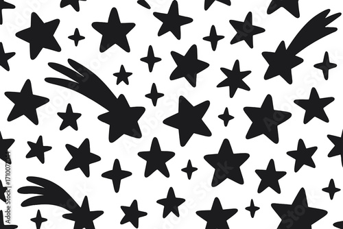 Black star patterns with comets on a white background create a whimsical atmosphere for art projects