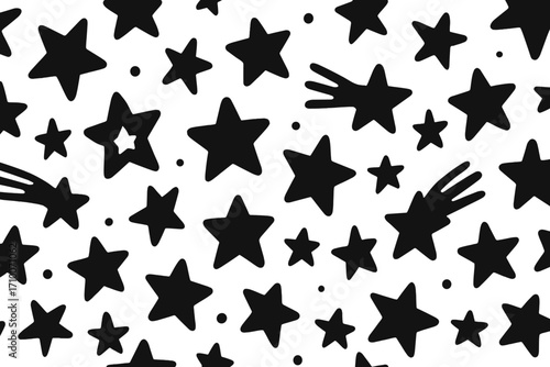 Black stars and shooting stars pattern on a white background create a whimsical design for crafts or decorations