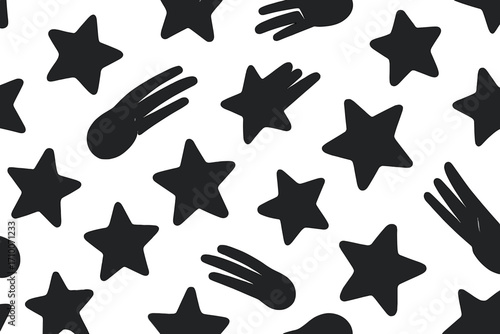 Black stars and comet shapes scattered on a white background in a fun and playful design