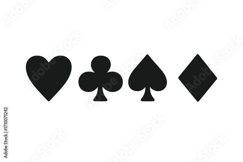 Playing card suits represent hearts, clubs, spades, and diamonds in simple black design against a white background