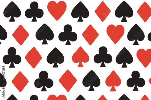 Colorful pattern of playing card symbols in black and red on a white background