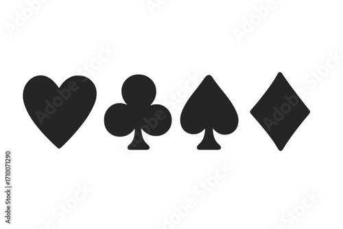 Playing card suits displayed in bold black silhouettes on a white background for a clean and striking visual