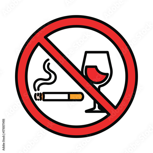 Vector art of icon depicting no alcohol or smoking, , with a red circle and slash over a wine glass and cigarette illustration