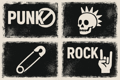 Punk rock symbols showcase attitude and style in bold black and white design