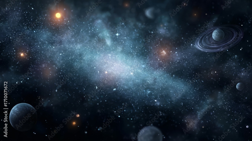 Fototapeta premium A cosmic scene featuring a nebula, stars, planets, and a ringed planet in deep space