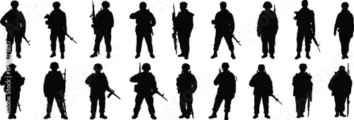 Soldier silhouette illustrations, military rifle icons, black and white clipart, combat poses, army bundle set, vector pack