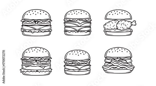 Collection of six diverse hamburger illustrations in a distinctive sketch silhouette style
