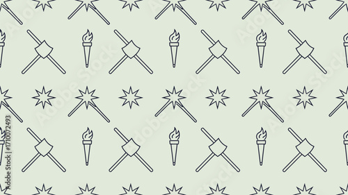 A repeating pattern of crossed axes, torches, and stars on a light background creating a wallpaper design
