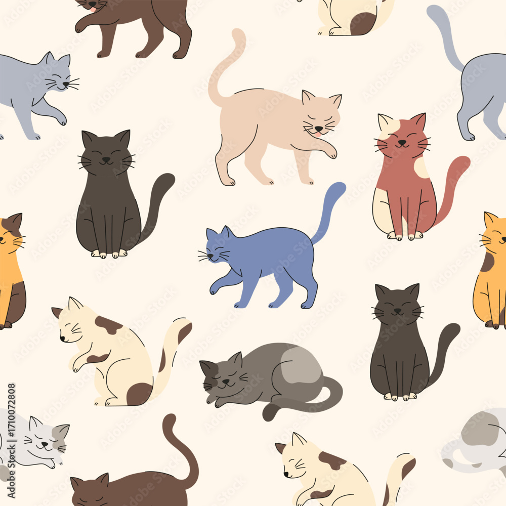 Fototapeta Seamless pattern with cute cartoon cats in various poses and colors. Adorable feline illustrations for backgrounds and textiles.