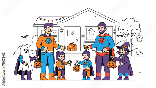 Spooky Halloween Night: An Illustration of joyful children dressed in creative costumes, accompanied by their parents, visiting a house on a festive Halloween night and get candies.
