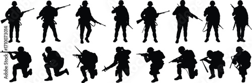 Soldier silhouette illustrations, tactical rifle poses, black and white clipart, combat stances, army bundle set, vector pack