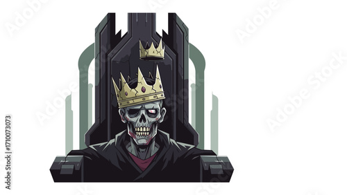 Undead Monarch on Throne: A chilling depiction of a skeletal figure, crowned and clad in regal attire, seated upon a formidable throne, embodying themes of power, mortality, and the macabre.