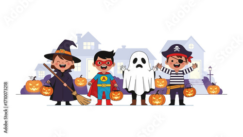 Trick-or-Treat Delight: A group of costumed kids, dressed as a witch, superhero, ghost, and pirate, gleefully parade through a Halloween night, the air filled with laughter.