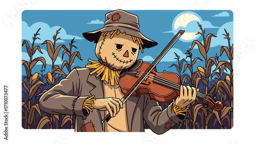Serene Scarecrow Serenade: In a whimsical rural landscape, a gentle scarecrow, attired in straw and fabric, captivates with a heartfelt violin melody under the harvest moon.