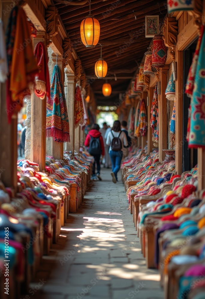 Naklejka premium Vibrant Artisan Market Exchange Colorful Handmade Goods Craftsmanship Diversity Cultural Experience