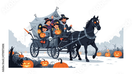 Halloween Carriage Ride: A spooky horse-drawn carriage weaves through a moonlit night, carrying costumed passengers amidst glowing pumpkins and the spectral ambiance of Halloween.