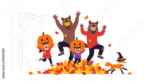 Autumn Fantasy: Playful figures wearing pumpkin heads and beast masks frolic amidst a vibrant pile of fallen leaves, an enchanting illustration that captures the spirit of Halloween.