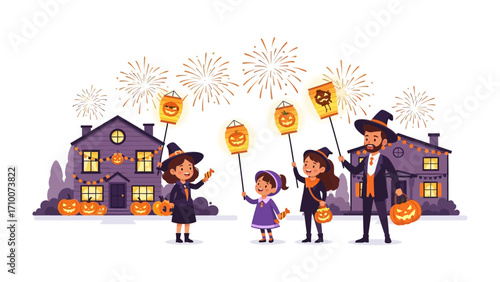 Halloween Fun: A family dressed in costumes and holding lanterns. They are enjoying the holiday with their friends and neighbors in a vibrant illustration. 