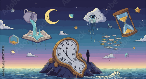 Surreal art shows a dreamy landscape with melting clock, floating book and an eye cloud crying, Surreal art depicts time, imagination and solitude in dreamy scenery.