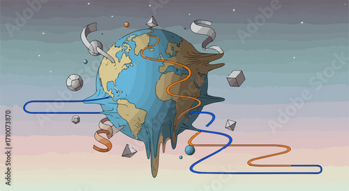 Illustrated melting Earth surrounded by ribbons and geometric shapes against gradient backdrop, melting Earth represents global warming and climate change issues.