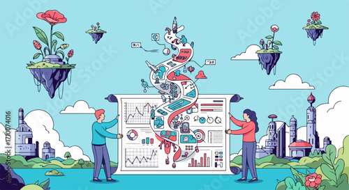 Business strategy illustrated with people holding a large scroll with charts, graphs and unicorn illustrations, symbolizing business growth.