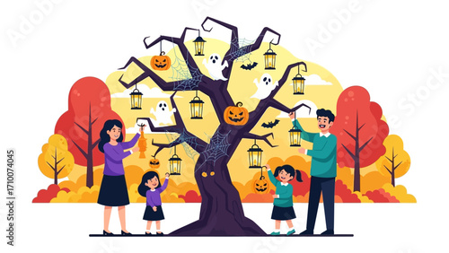 A Family's Festive Fall: A heartwarming scene of a family adorning a spooky tree with Halloween decorations. capturing a joyful autumn celebration and the bonds of family.