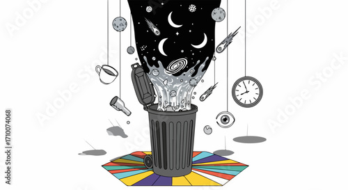 Trash can overflowing with objects, visualizing idea dump. Celestial bodies, everyday items, clock, eye, spill from container, representing complete idea dump. Abstract illustration for brainstorming,