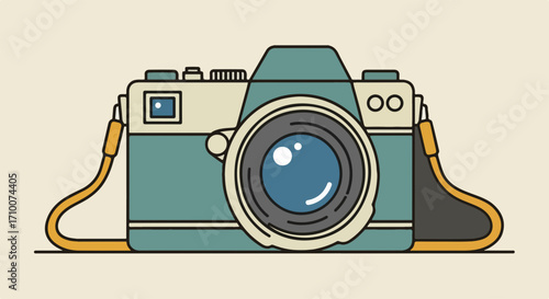 Camera equipment illustration shows simple vintage camera, complete with strap and lens. Camera equipment enhances photographic imagery.