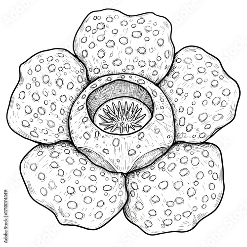 Detailed illustration of a Rafflesia arnoldii flower, a parasitic plant with large, spotted petals and central structure