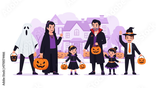 Halloween Fun: A family is dressed up in Halloween costumes stands in front of a house. The image shows people celebrating a spooky holiday.