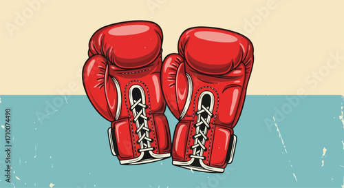 Red boxing gloves, sports equipment for training, competition, and fitness. Boxing gloves with laces and worn look is a symbol of power and athletic.