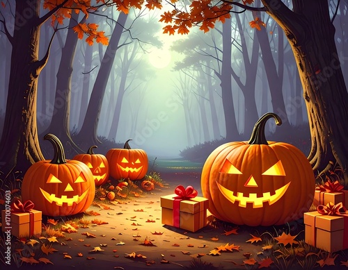 Spooky autumn forest path with jack-o'-lanterns