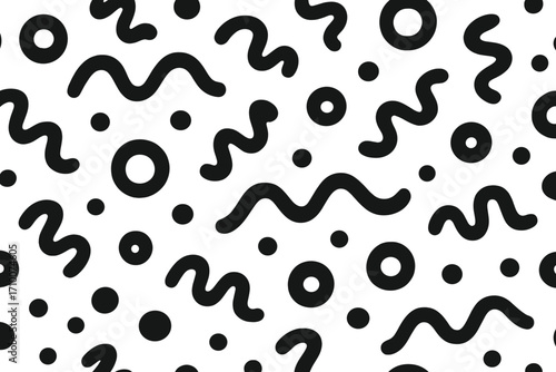 Abstract black and white pattern of wavy lines and circles on a light background creating a lively design