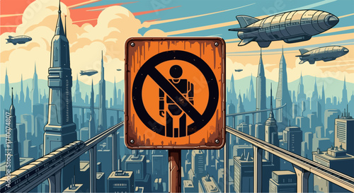 Prohibition sign in futuristic city with skyscrapers and airships, this prohibition sign forbids humanoid robots. Humanoid robots not allowed in this area,