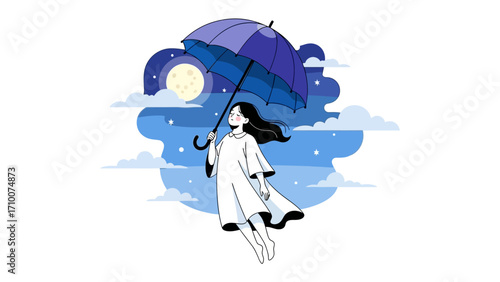 Dreamy Sky: Illustration of a girl floating gracefully through a night sky, sheltered beneath a protective umbrella. evoking feelings of freedom and serenity, and a sense of adventure.