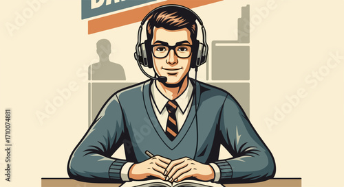 Dedicated customer service representative wearing headset and glasses, sitting at desk in an office environment. Providing attentive customer service with clear communication and helpful assistance.