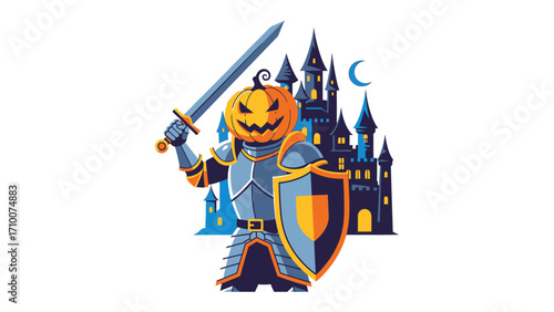 Pumpkin Knight: A formidable Pumpkin Knight stands ready, brandishing a sword with a shield in front of a mysterious castle, blending the festive spirit of Halloween with the allure of chivalry.