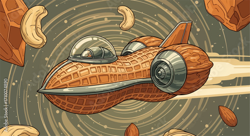 Peanut spaceship traveling through cosmic background with scattered almonds and cashews. Stylized peanut spaceship illustration features whimsical design and dynamic motion.