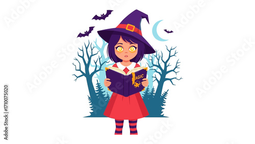 Magical Witch Reading Spellbook: An enchanting illustration of a young witch, adorned in her iconic hat and dress, engrossed in a spellbook as bats flutter overhead.