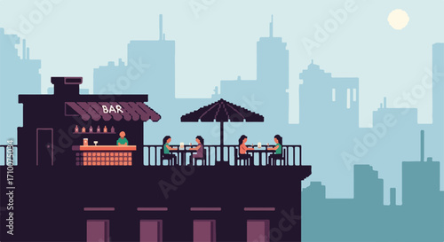Pixel art style rooftop bar scene with people enjoying drinks and cityscape backdrop. Pixel art recreates urban rooftop scenery featuring individuals gathering, umbrella, and distant cityscape.